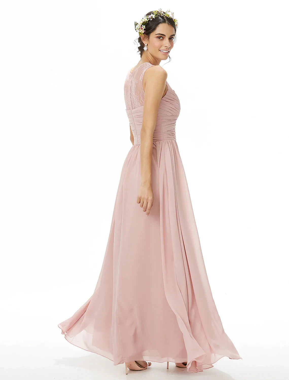 A-Line Bridesmaid Dress Jewel Neck Sleeveless See Through Floor Length Chiffon / Lace with Lace / Criss Cross / Pleats by YiHuiw