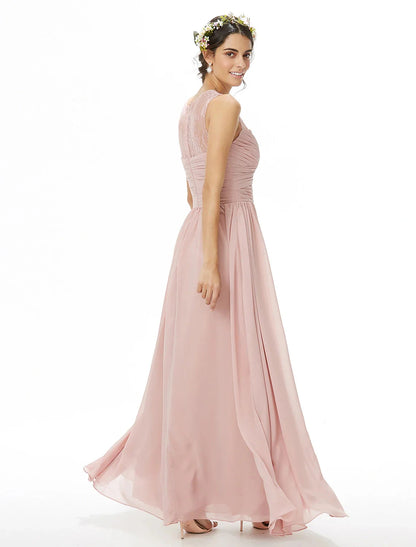 A-Line Bridesmaid Dress Jewel Neck Sleeveless See Through Floor Length Chiffon / Lace with Lace / Criss Cross / Pleats by YiHuiw