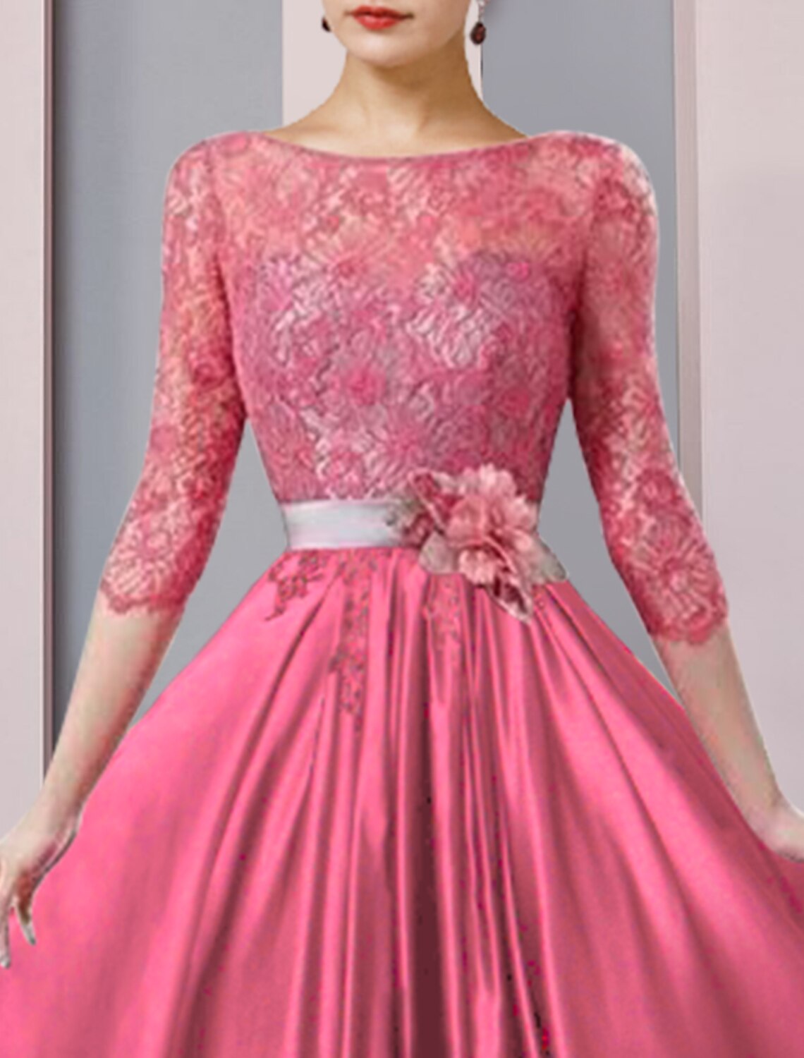 A-Line Mother of the Bride Dress Formal Church Party Elegant Scoop Neck Tea Length Satin Lace Half Sleeve with Sash / Ribbon Flower by YiHuiw