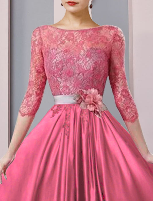 A-Line Mother of the Bride Dress Formal Church Party Elegant Scoop Neck Tea Length Satin Lace Half Sleeve with Sash / Ribbon Flower