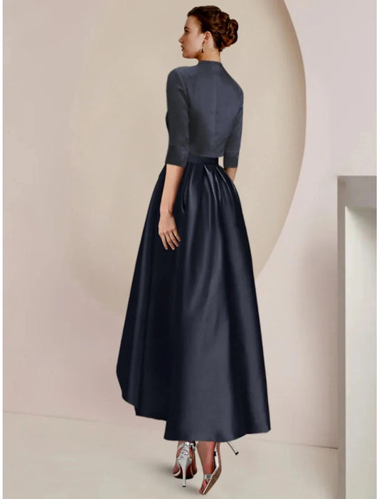 Sheath / Column Mother of the Bride Dress Wedding Guest Minimalist Elegant Scoop Neck Asymmetrical Ankle Length Satin Lace Half Sleeve with Pleats Solid Color by YiHuiw
