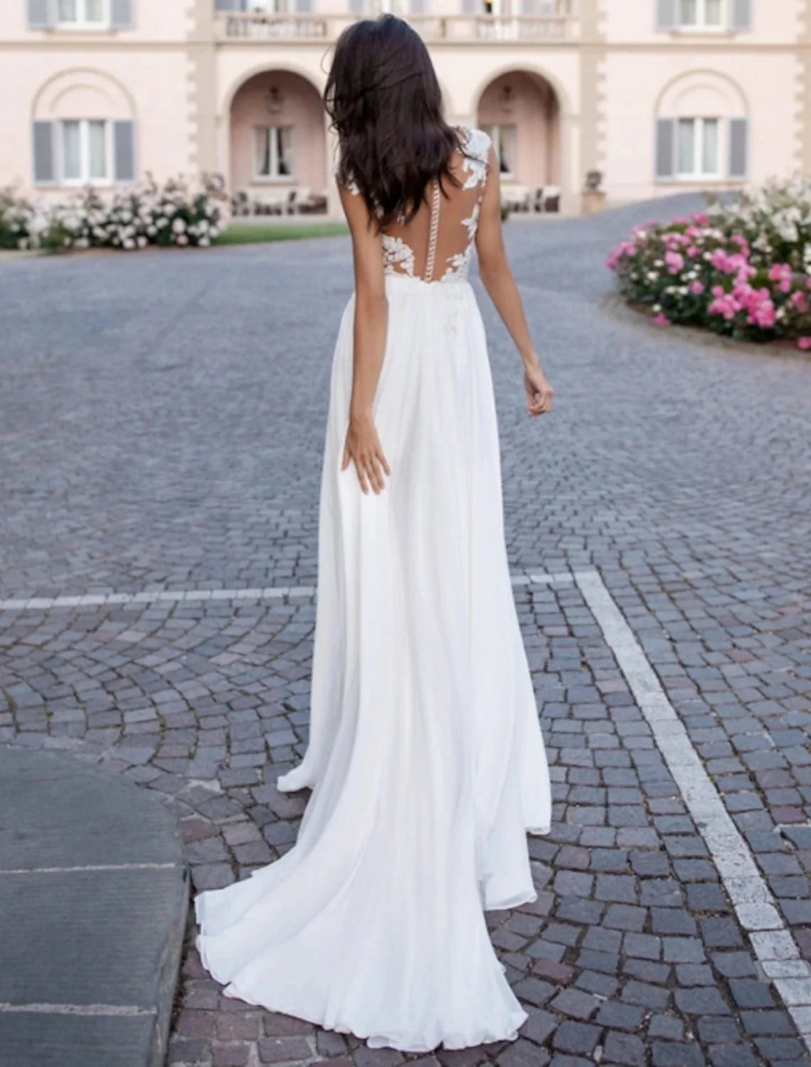 Beach Open Back Wedding Dresses A-Line Illusion Neck Cap Sleeve Sweep / Brush Train Chiffon Bridal Gowns With Appliques Split Front Summer Wedding Party, Women's Clothing by YiHuiw