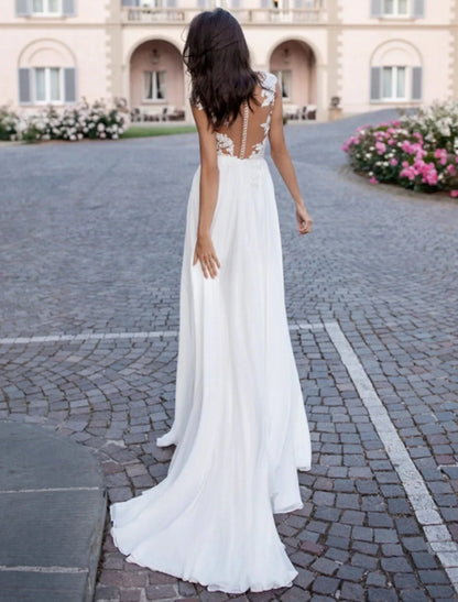 Beach Open Back Wedding Dresses A-Line Illusion Neck Cap Sleeve Sweep / Brush Train Chiffon Bridal Gowns With Appliques Split Front Summer Wedding Party, Women's Clothing by YiHuiw