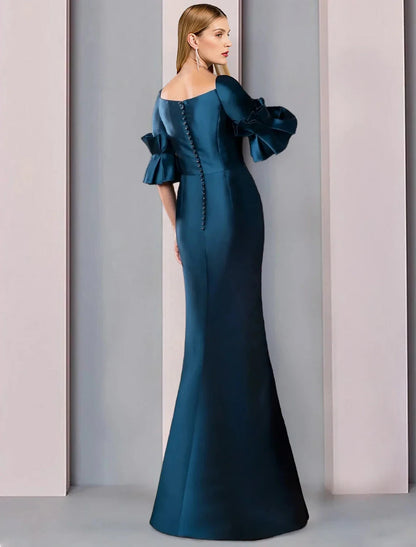 Sheath / Column Mother of the Bride Dress Formal Wedding Guest Party Elegant Square Neck Floor Length Satin Half Sleeve with Ruching by YiHuiw