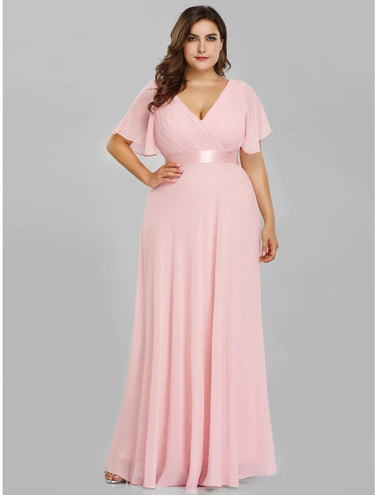A-Line Empire Fall Wedding Guest Dress For Bridesmaid Plus Size Formal Evening Dress V Neck Short Sleeve Floor Length Chiffon with Pleats Ruched by YiHuiw