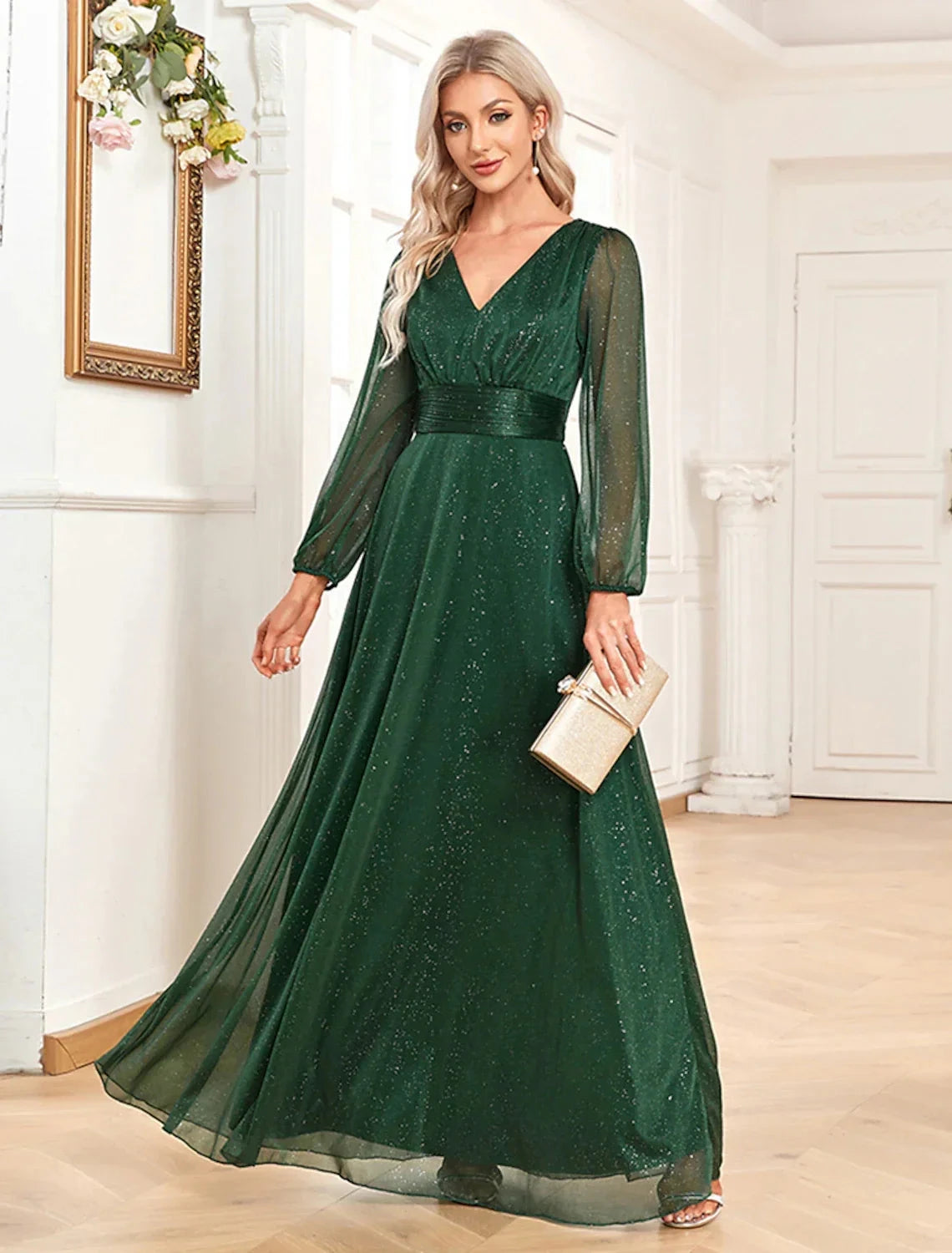 A-Line Evening Gown Elegant Dress Formal Floor Length Long Sleeve V Neck Chiffon with Sequin by YiHuiw