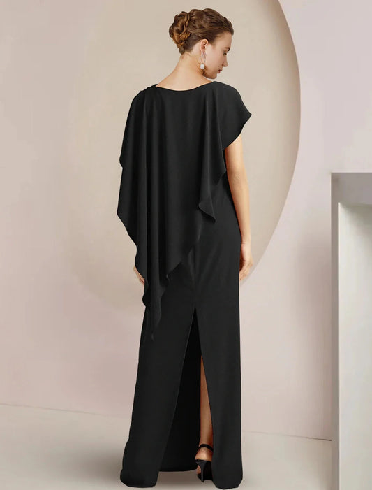 Sheath / Column Mother of the Bride Dress Formal Wedding Guest Elegant Scoop Neck Floor Length Fabric Sleeveless with Split Front by YiHuiw