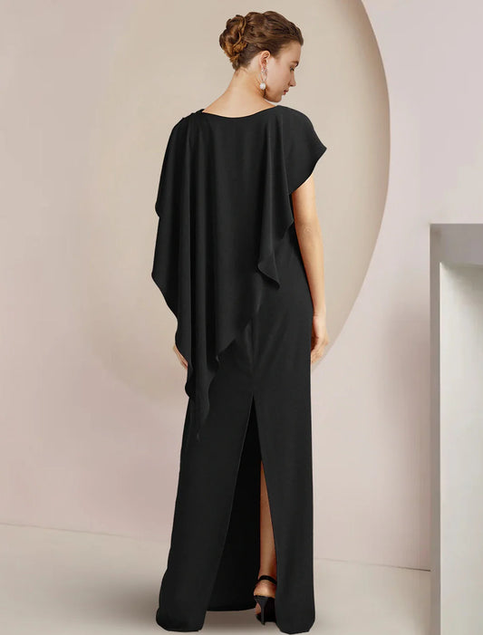 Sheath / Column Mother of the Bride Dress Formal Wedding Guest Elegant Scoop Neck Floor Length  Fabric Sleeveless with Split Front
