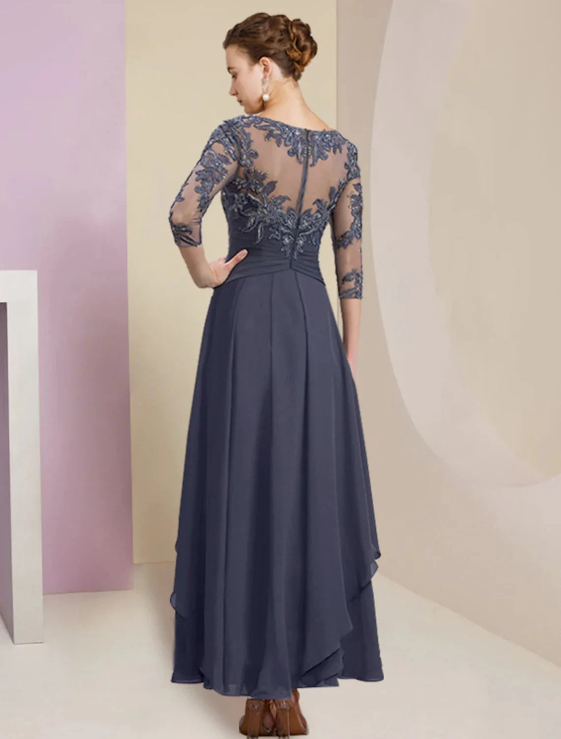 Sheath / Column Mother of the Bride Dress Wedding Guest Simple Elegant Jewel Neck Ankle Length Chiffon Lace 3/4 Length Sleeve with Pleats Sequin by YiHuiw