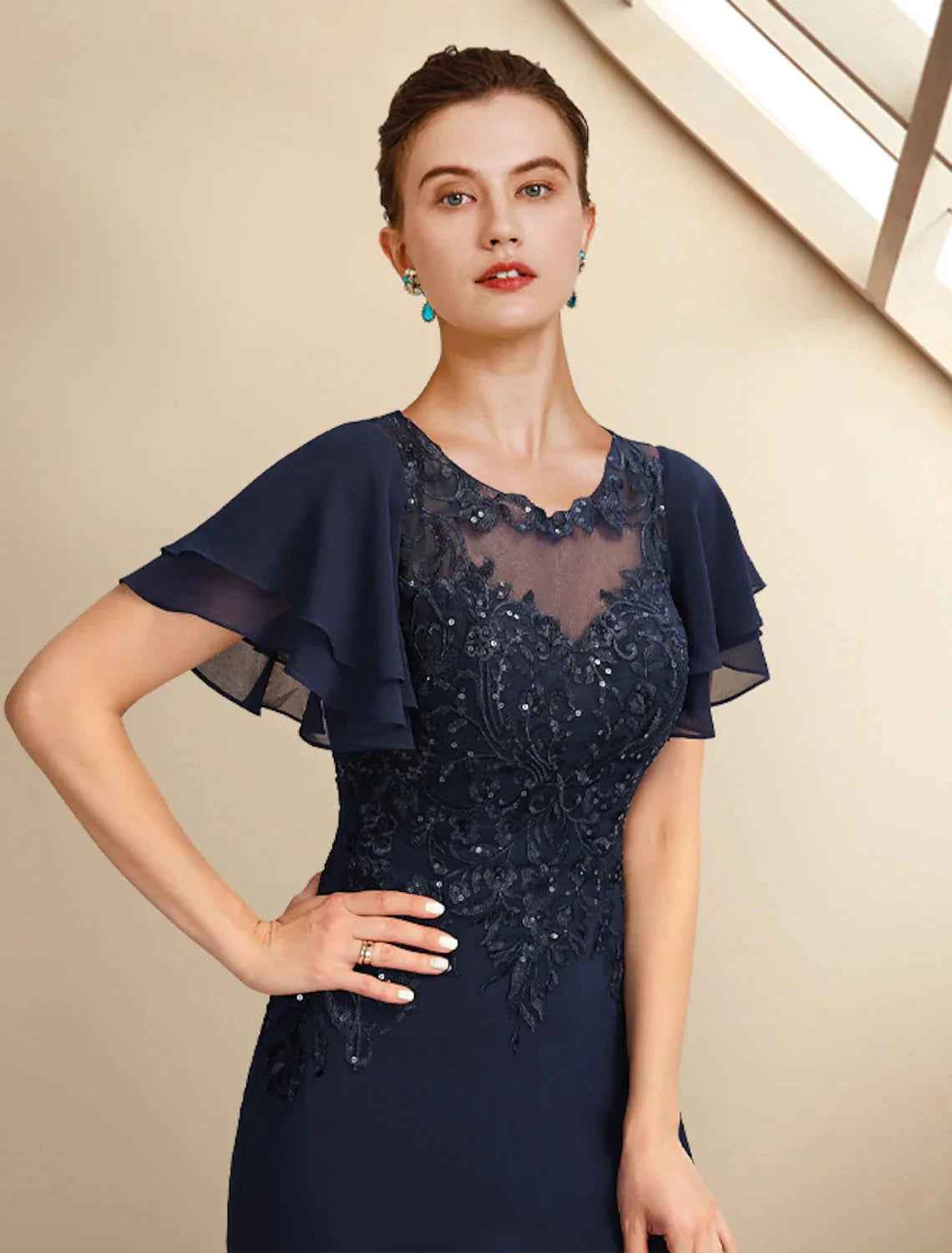 A-Line Mother of the Bride Dress Plus Size Elegant Jewel Neck Floor Length Chiffon Lace Short Sleeve with Sequin Appliques by YiHuiw