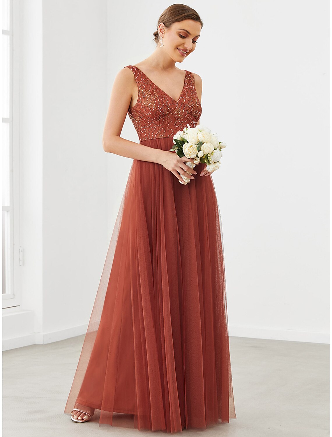 A-Line Prom Dresses Sparkle & Shine Dress Homecoming Wedding Guest Floor Length Sleeveless V Neck Tulle with Draping Splicing by YiHuiw