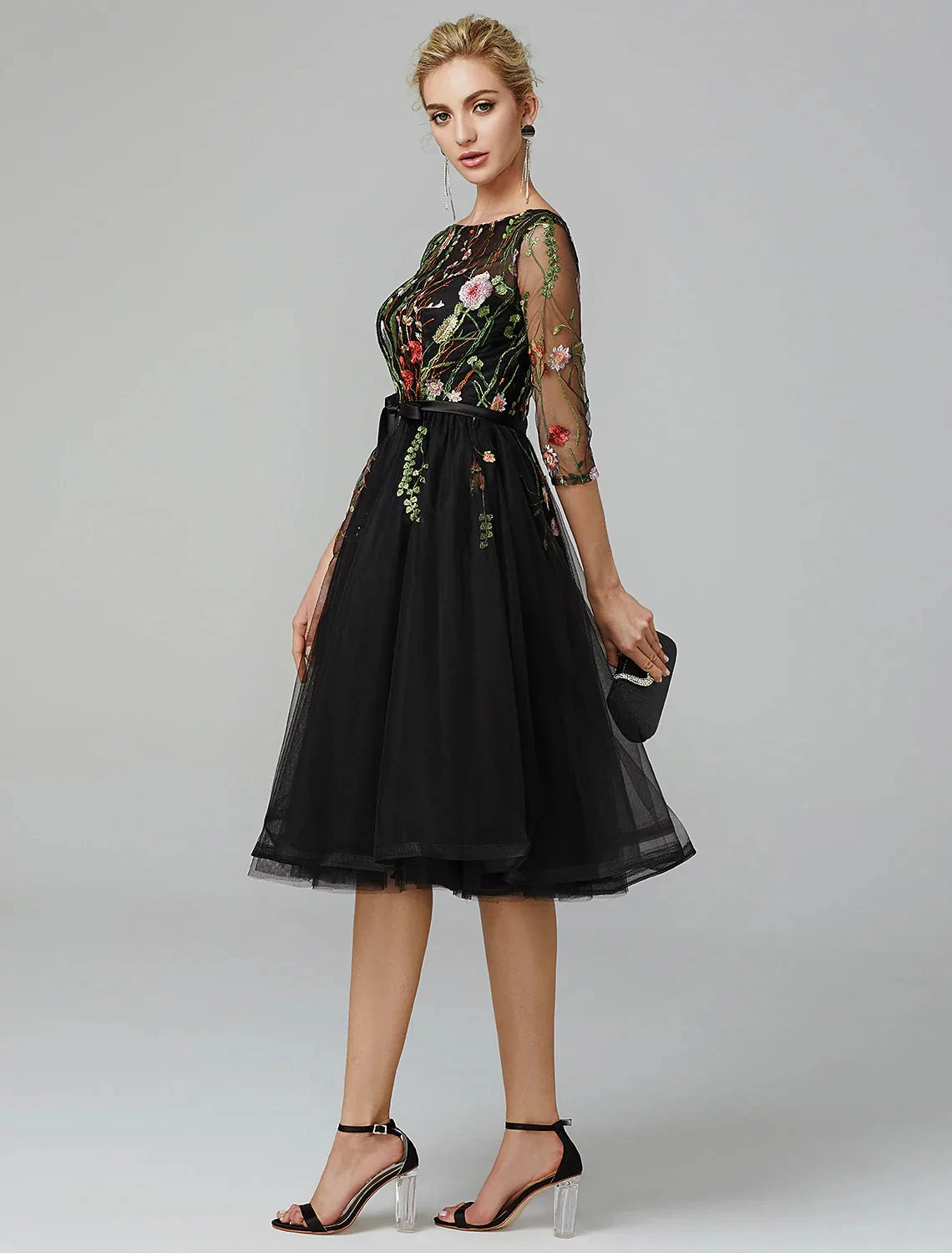 A-Line Black Dress Vintage Wedding Guest Cocktail Party Knee Length Long Sleeve Illusion Neck Wednesday Addams Family Tulle with Embroidery Appliques by YiHuiw