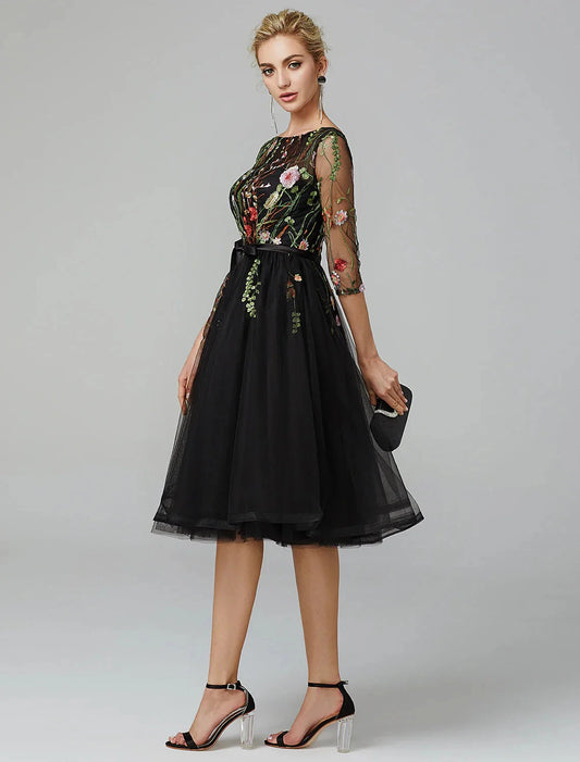 A-Line Black Dress Vintage Wedding Guest Cocktail Party Knee Length Long Sleeve Illusion Neck Wednesday Addams Family Tulle with Embroidery Appliques by YiHuiw
