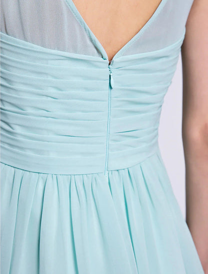 A-Line Bridesmaid Dress Scoop Neck Sleeveless Knee Length Chiffon with Ruched / Draping by YiHuiw