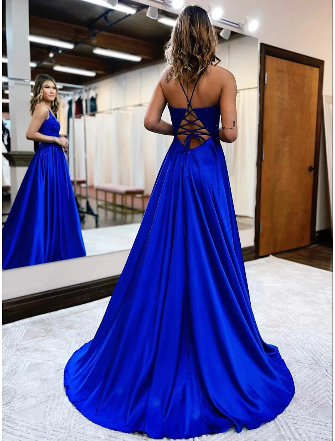 A-Line Prom Dresses Empire Dress Formal Wedding Party Court Train Sleeveless V Neck Satin Backless with Beading Appliques by YiHuiw