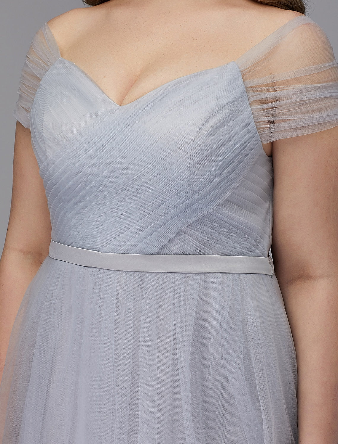 A-Line Elegant Dress Wedding Guest Cocktail Party Tea Length Short Sleeve Off Shoulder Tulle with Sash / Ribbon Criss Cross by YiHuiw