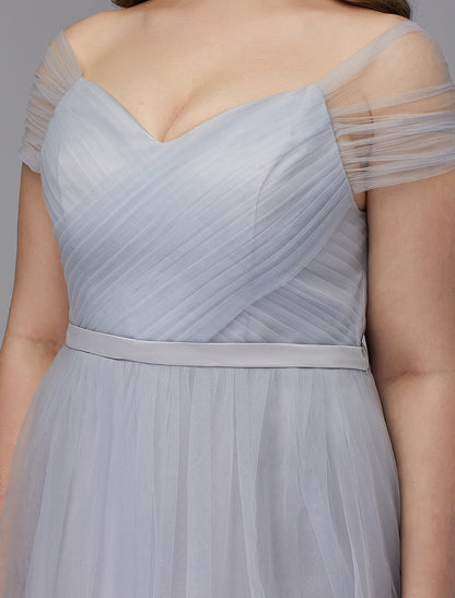 A-Line Elegant Dress Wedding Guest Cocktail Party Tea Length Short Sleeve Off Shoulder Tulle with Sash / Ribbon Criss Cross by YiHuiw