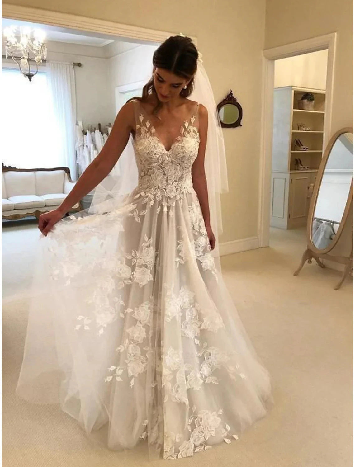 Beach Boho Wedding Dresses A-Line V Neck Sleeveless Sweep / Brush Train Lace Bridal Gowns With Appliques Summer Fall Wedding Party Women‘s Clothing by YiHuiw
