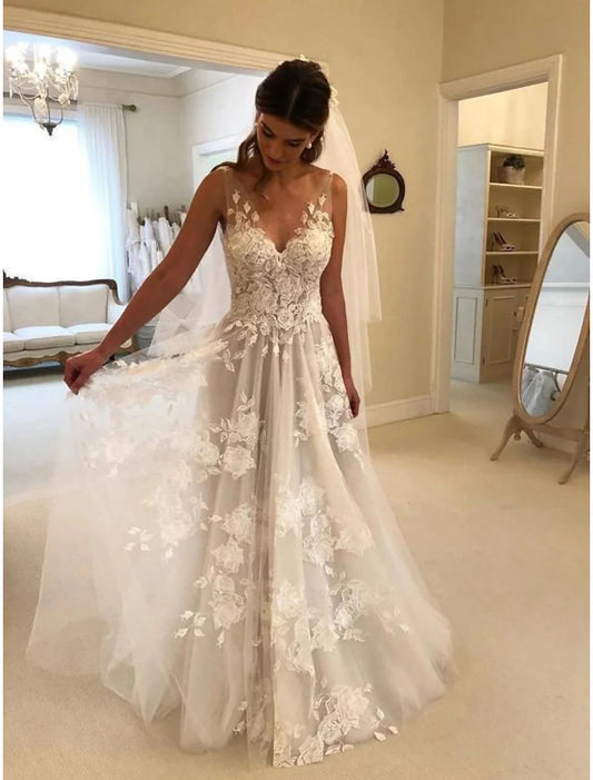 Beach Boho Wedding Dresses A-Line V Neck Sleeveless Sweep / Brush Train Lace Bridal Gowns With Appliques Summer Fall Wedding Party Women‘s Clothing by YiHuiw