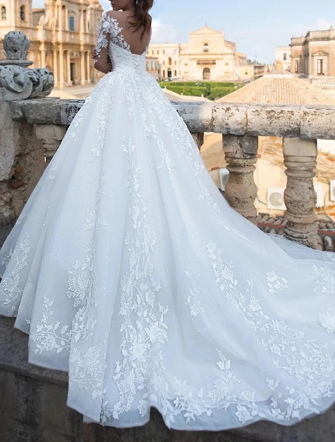 Engagement Sexy Fall Formal Wedding Dresses Ball Gown V Neck Long Sleeve Chapel Train Lace Bridal Gowns With Appliques Summer Wedding Party Women‘s Clothing by YiHuiw