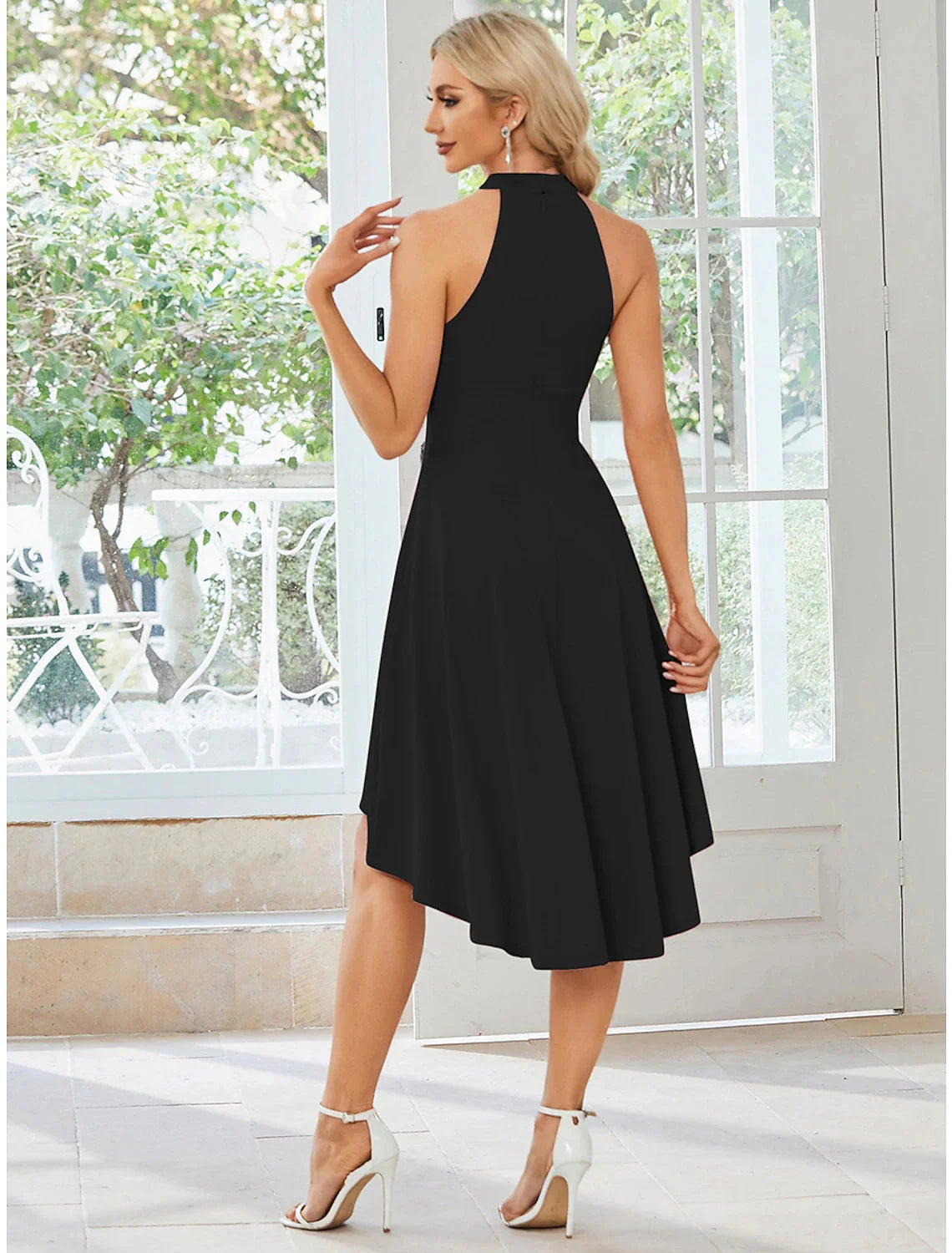 A-Line Wedding Guest Dresses Casual Dress Party Wear Wedding Party Asymmetrical Sleeveless Halter Neck Fabric with Pleats Pure Color by YiHuiw