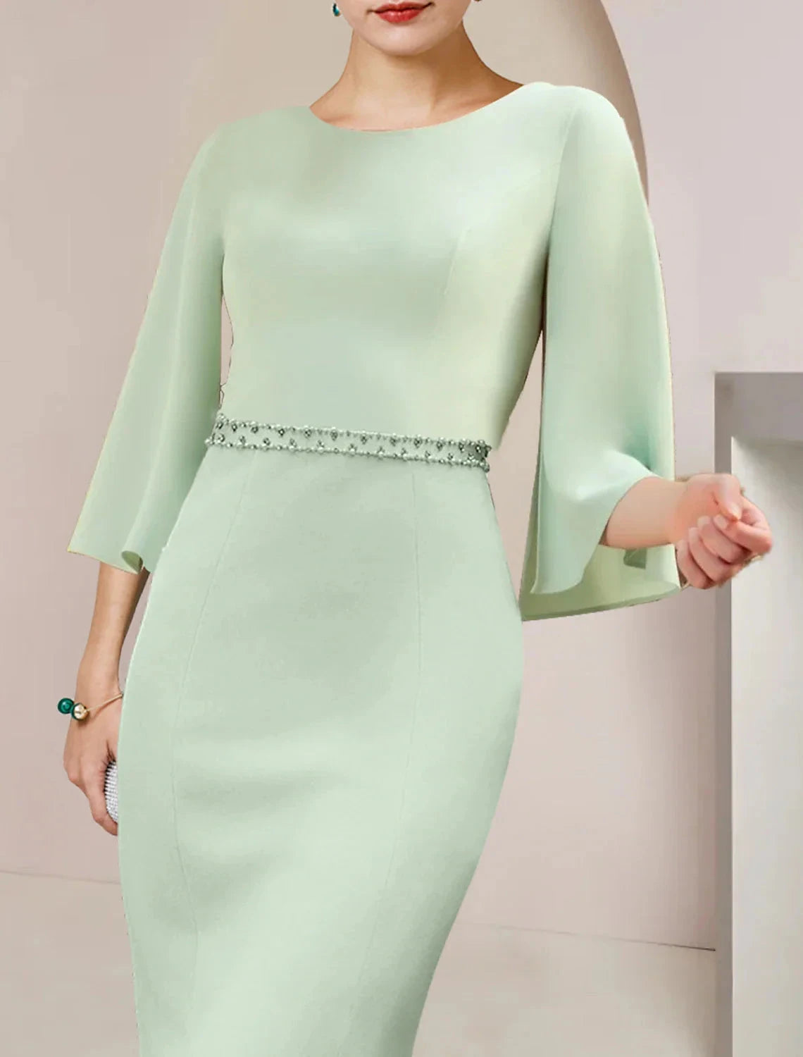 Mermaid / Trumpet Mother of the Bride Dress Wedding Guest Party Elegant Scoop Neck Tea Length Chiffon 3/4 Length Sleeve with Beading by YiHuiw
