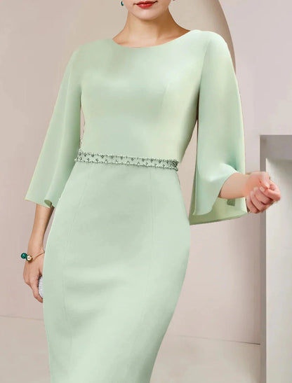 Mermaid / Trumpet Mother of the Bride Dress Wedding Guest Party Elegant Scoop Neck Tea Length Chiffon 3/4 Length Sleeve with Beading by YiHuiw