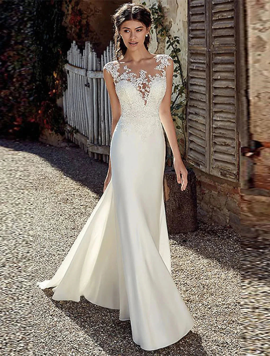 Beach Open Back Wedding Dresses Mermaid / Trumpet Illusion Neck Cap Sleeve Court Train Chiffon Outdoor Bridal Gowns With Appliques Summer Fall Wedding Party Women‘s Clothing by YiHuiw