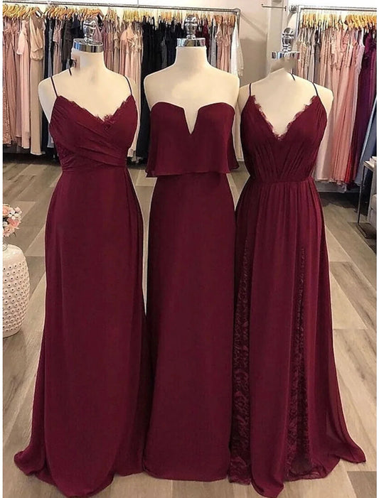 Sheath / Column Bridesmaid Dress Spaghetti Strap / Strapless / V Neck Sleeveless Vintage Floor Length Chiffon with Lace / Ruching by YiHuiw