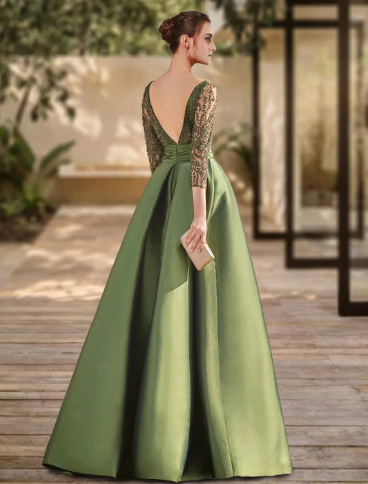 A-Line Evening Gown Open Back Dress Formal Wedding Guest Floor Length 3/4 Length Sleeve Scoop Neck Lace with Slit Strappy by YiHuiw