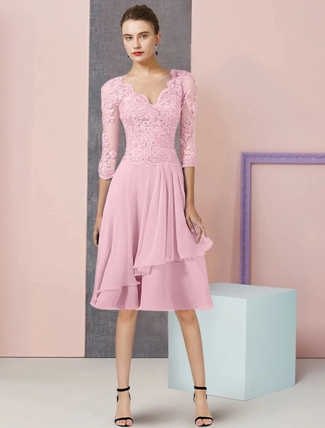 Two Piece A-Line Mother of the Bride Dress Formal Wedding Guest Elegant V Neck Knee Length Chiffon Lace 3/4 Length Sleeve Wrap Included with Beading Sequin Appliques by YiHuiw