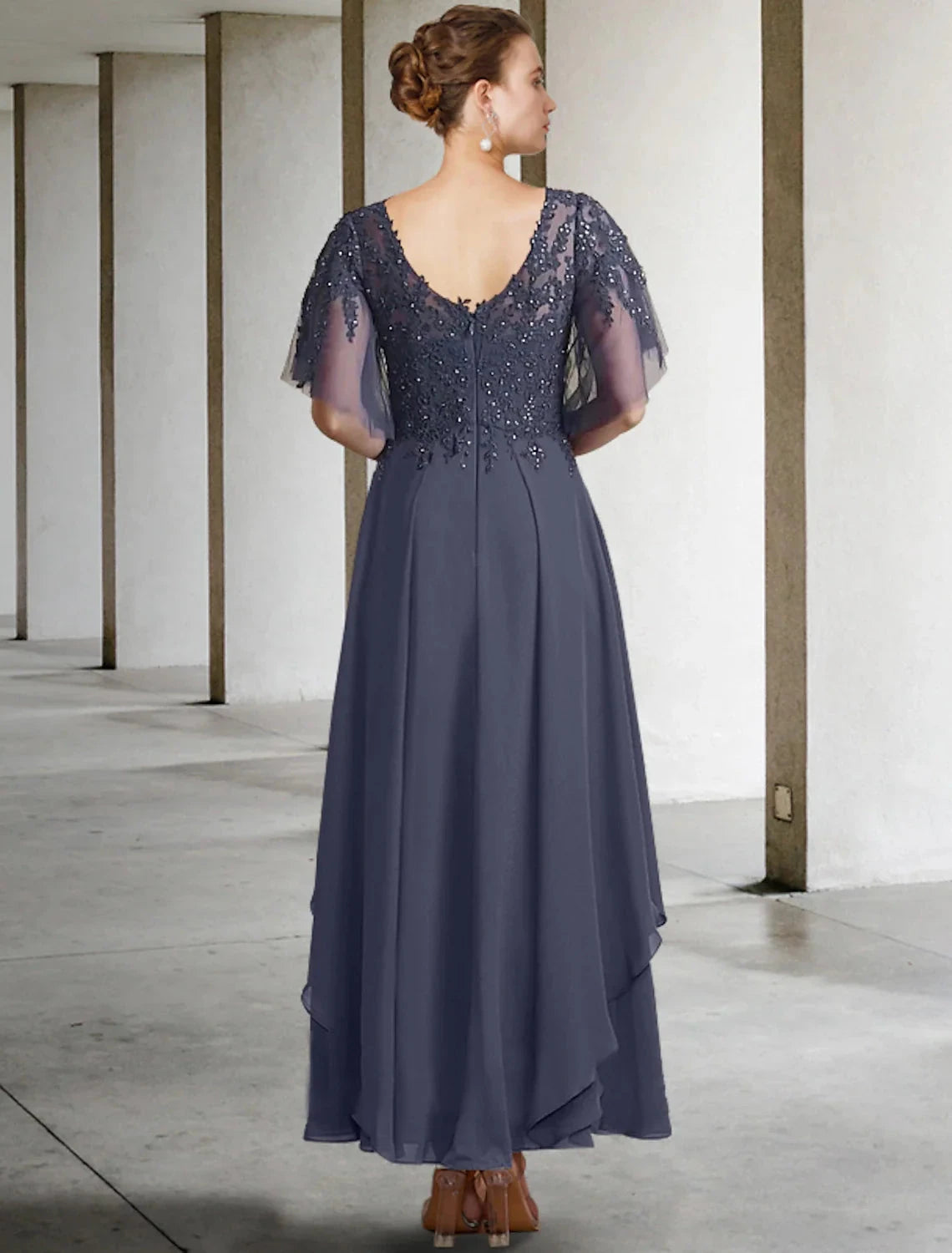 A-Line Plus Size Curve Mother of the Bride Dress Elegant Jewel Neck Ankle Length Chiffon Lace Short Sleeve with Beading Sequin Appliques by YiHuiw