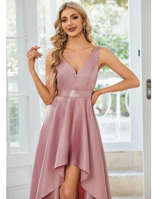 A-Line Wedding Guest Dresses Casual Dress Party Wear Asymmetrical Sleeveless V Neck Satin with Ruffles Pure Color by YiHuiw
