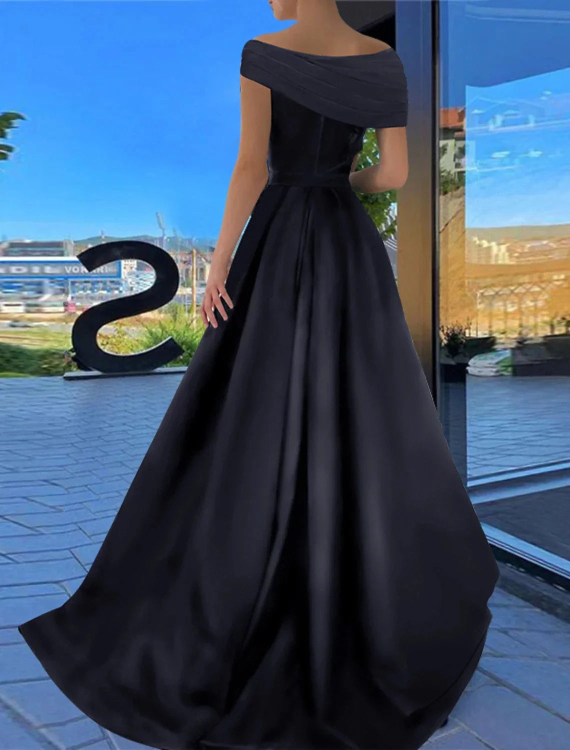 A-Line Prom Dresses Little Black Dress Dress Formal Floor Length Short Sleeve Off Shoulder Satin with Ruched Slit by YiHuiw