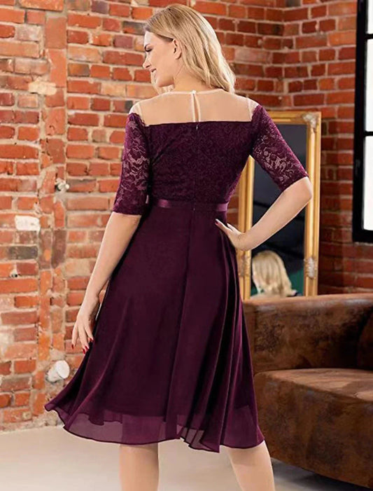 A-Line Cocktail Dresses Vintage Dress Party Wear Cocktail Party Knee Length Half Sleeve Jewel Neck Fall Wedding Guest Lace with Pleats by YiHuiw