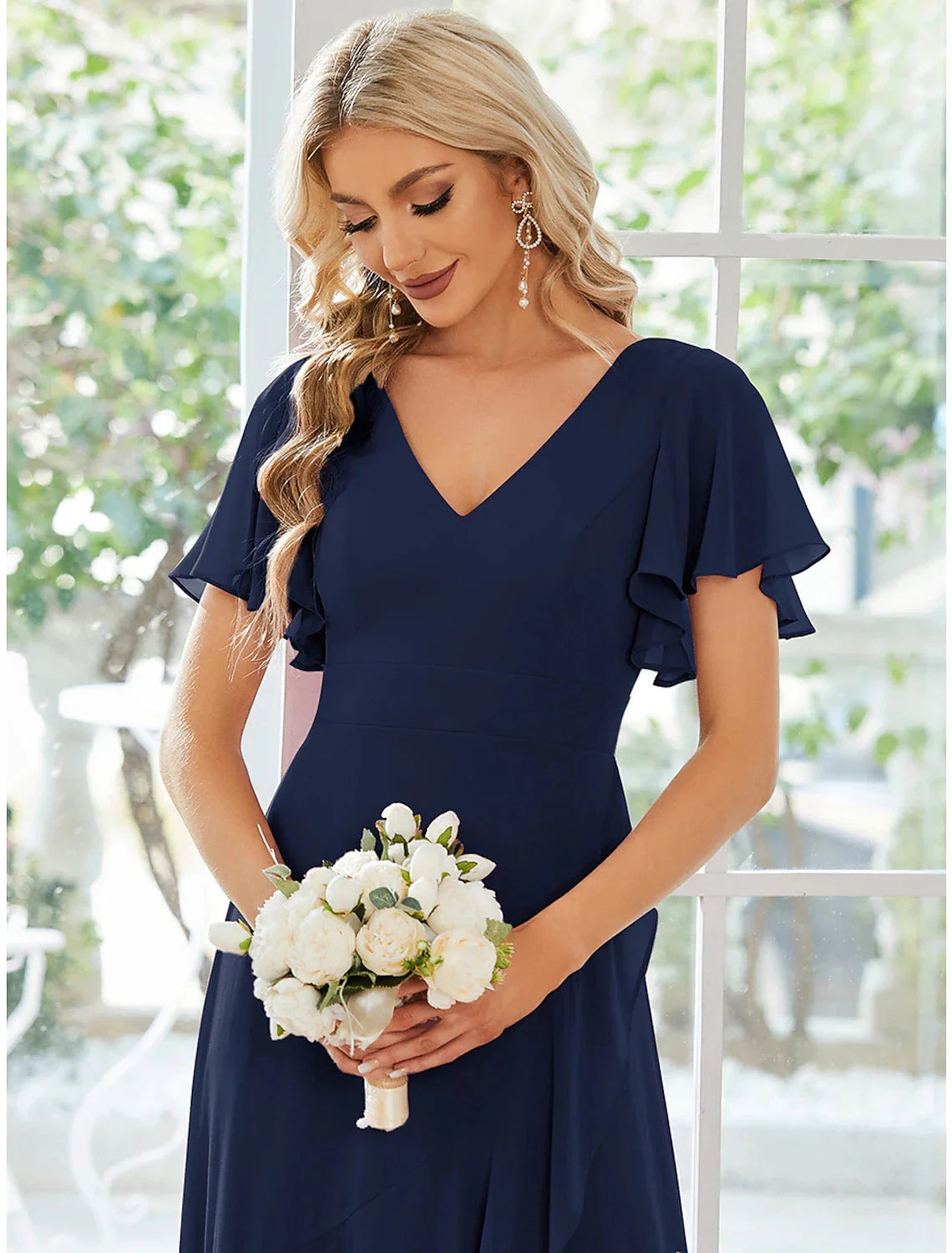 A-Line Wedding Guest Dresses Casual Dress Party Dress Wedding Party Asymmetrical Short Sleeve V Neck Bridesmaid Dress Chiffon with Ruffles Pure Color by YiHuiw