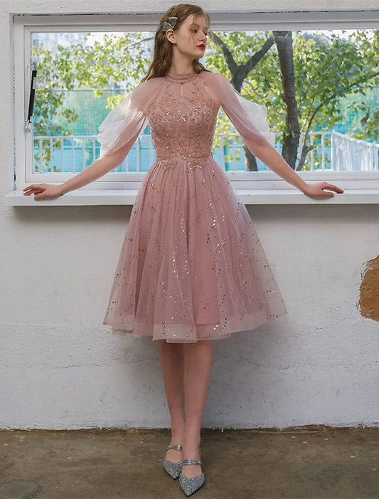 A-Line Cocktail Dresses Party Dress Graduation Engagement Knee Length 3/4 Length Sleeve Jewel Neck Tulle with Sequin Appliques by YiHuiw