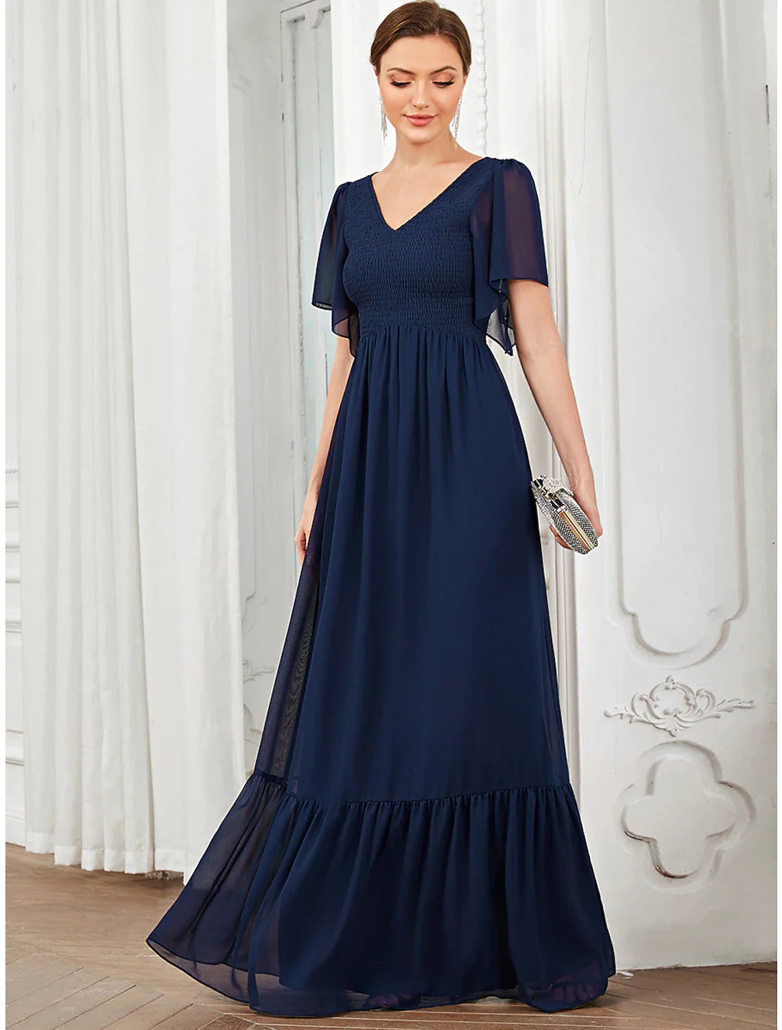 A-Line Prom Dresses Elegant Dress Party Wear Floor Length Short Sleeve V Neck Chiffon with Pleats