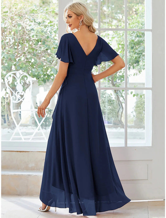 A-Line Wedding Guest Dresses Casual Dress Party Dress Wedding Party Asymmetrical Short Sleeve V Neck Bridesmaid Dress Chiffon with Ruffles Pure Color by YiHuiw