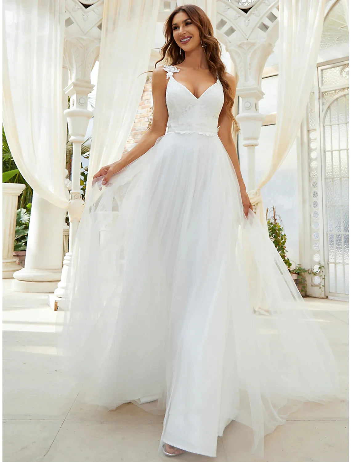 Reception Casual Wedding Dresses A-Line Sweetheart V Wire Regular Straps Sweep / Brush Train Tulle Bridal Gowns With Crystals Appliques Summer Wedding Party, Women's Clothing by YiHuiw