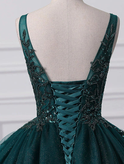 Ball Gown Prom Dresses Sparkle & Shine Dress Quinceanera Floor Length Sleeveless V Neck Tulle with Sequin Appliques by YiHuiw