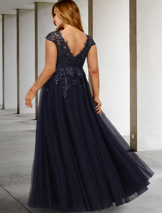 A-Line Mother of the Bride Dresses Plus Size Hide Belly Curve Vintage Dress Formal Floor Length Short Sleeve V Neck Tulle with Sequin Appliques by YiHuiw