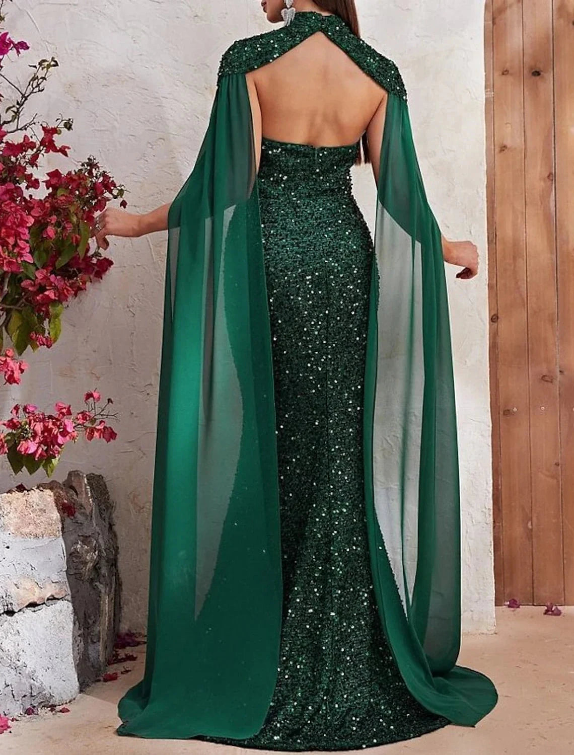 Mermaid / Trumpet Evening Gown Backless Dress Formal Wedding Reception Sweep / Brush Train Sleeveless High Neck Capes Sequined with Sequin by YiHuiw