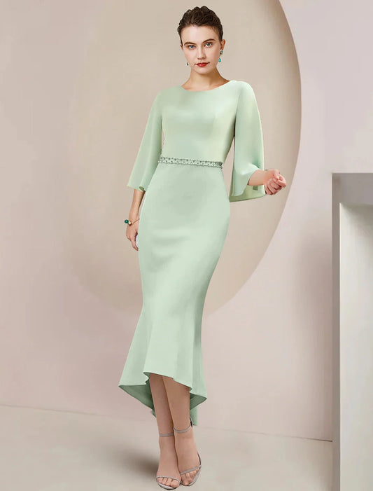 Mermaid / Trumpet Mother of the Bride Dress Wedding Guest Party Elegant Scoop Neck Tea Length Chiffon 3/4 Length Sleeve with Beading by YiHuiw
