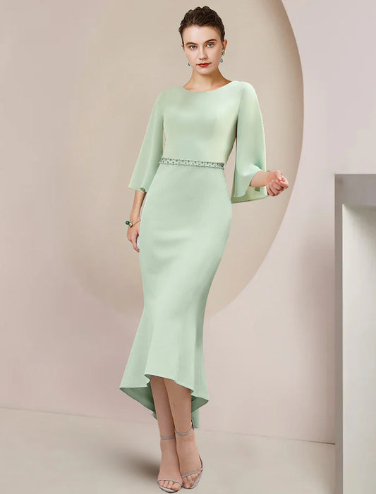 Mermaid / Trumpet Mother of the Bride Dress Wedding Guest Party Elegant Scoop Neck Tea Length  Chiffon 3/4 Length Sleeve with Beading