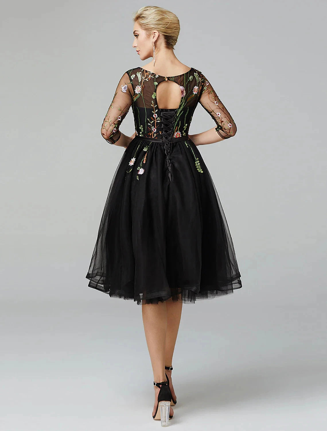 A-Line Black Dress Vintage Wedding Guest Cocktail Party Knee Length Long Sleeve Illusion Neck Wednesday Addams Family Tulle with Embroidery Appliques by YiHuiw