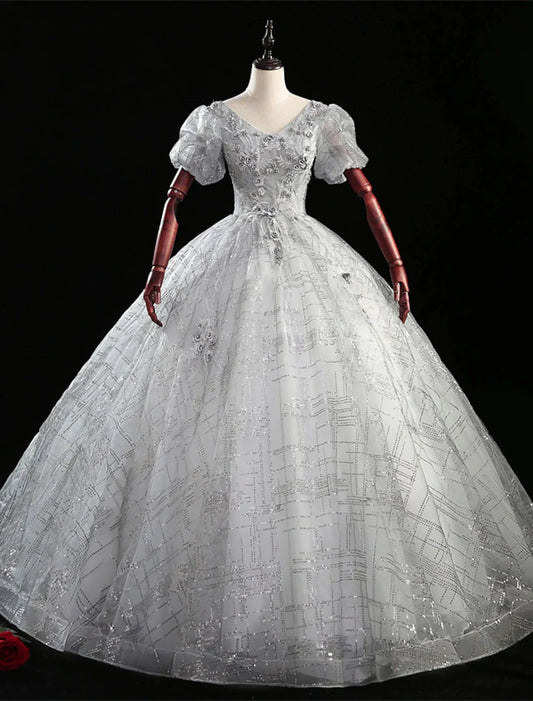 Ball Gown Quinceanera Dresses Princess Dress Performance Quinceanera Floor Length Short Sleeve V Neck Polyester with Beading by YiHuiw