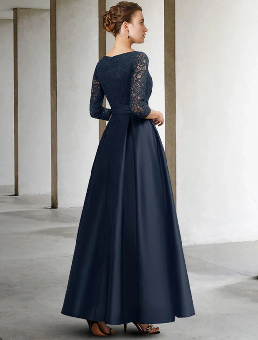 A-Line Mother of the Bride Dress Plus Size Elegant V Neck Ankle Length Satin Lace 3/4 Length Sleeve No with Pleats Ruched by YiHuiw
