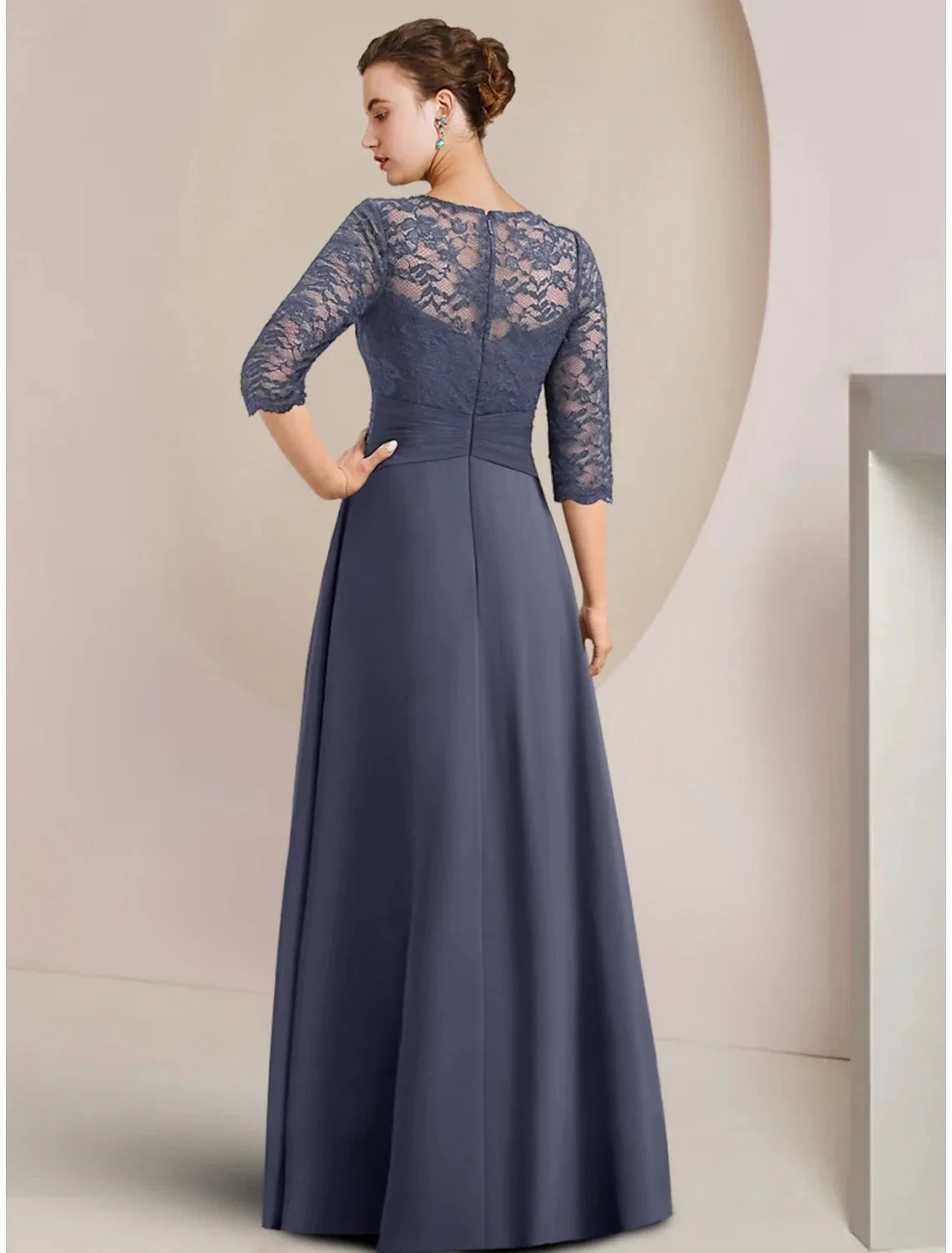 A-Line Mother of the Bride Dress Wedding Guest Elegant Jewel Neck Asymmetrical Chiffon Half Sleeve with Lace Crystal Brooch Ruching by YiHuiw