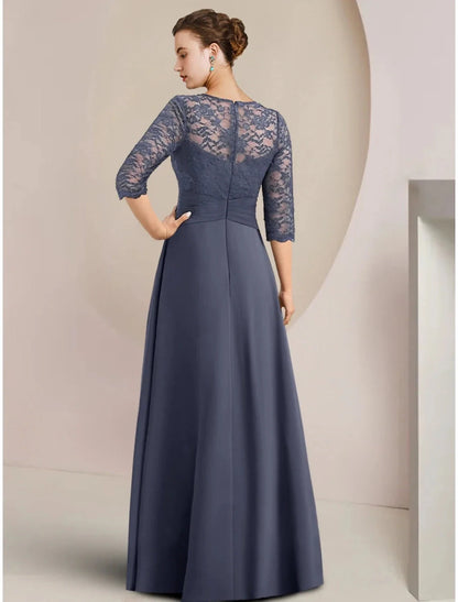 A-Line Mother of the Bride Dress Wedding Guest Elegant Jewel Neck Asymmetrical Chiffon Half Sleeve with Lace Crystal Brooch Ruching by YiHuiw